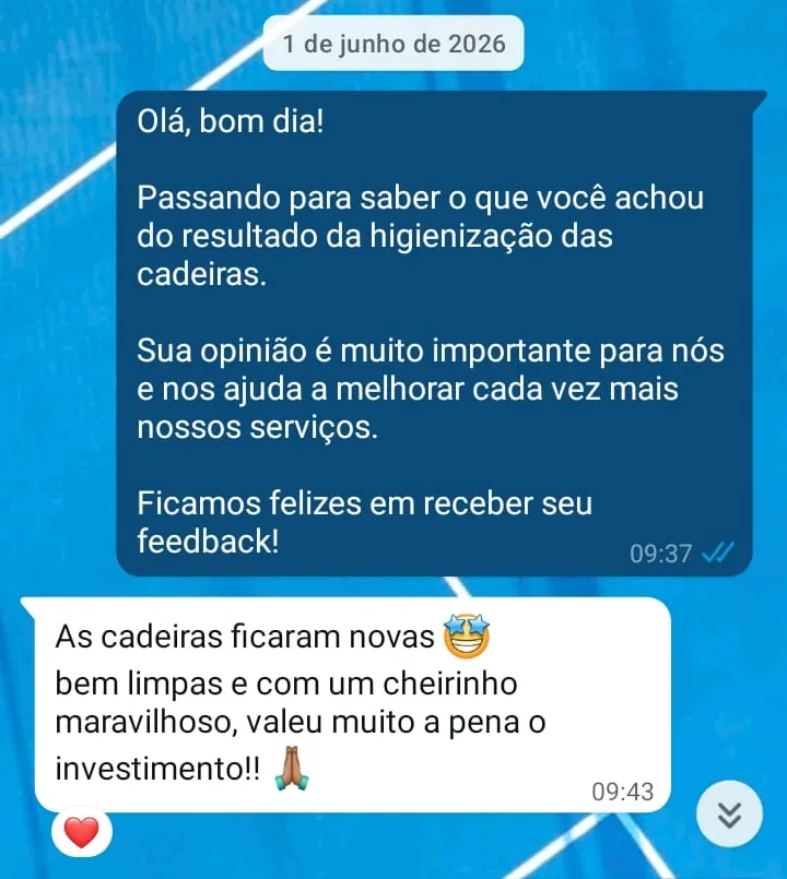 Conversa de WhatsApp: cliente diz que as cadeiras ficaram novas, bem limpas e com cheirinho maravilhoso